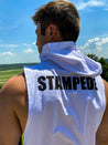 The Assassin Hoodie - back, in white, "Stampede" across shoulders