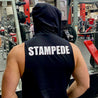 The Assassin Hoodie - back, in black, with "Stampede" across shoulders