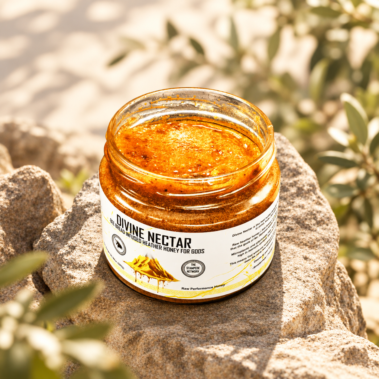 Divine Nectar open jar on a rock